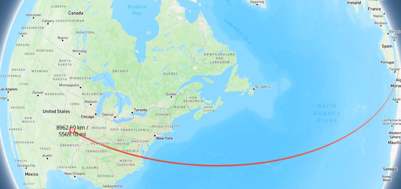 World map showing distances between locations